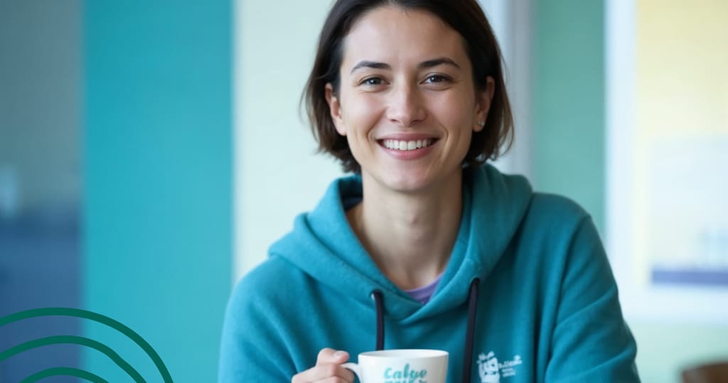 Woman with coffee cup smiling because she is relaxed and happy because she opted for direct deposit repayment