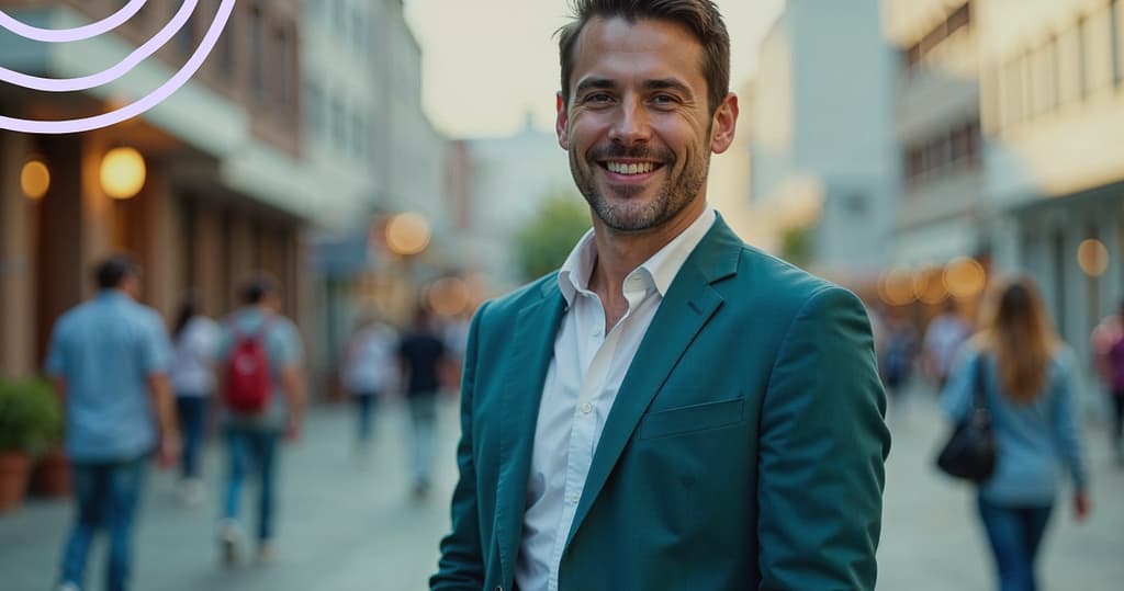 Man standing in busy street dressed professionally, with a smile on his face after learning about debt consolidation