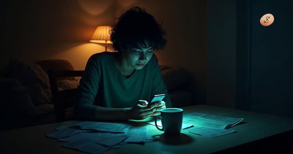 Person sitting in a desk inside a dark room with a gleaming light from their cellphone as they research Hardship Loans