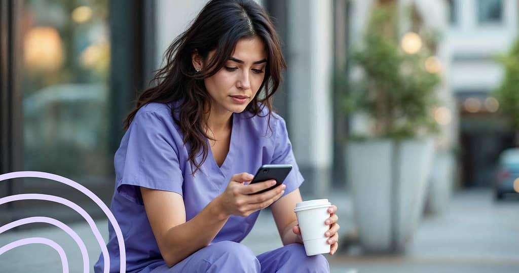 Nurse sitting on a bench outdoors, managing their money on their phone during break.
