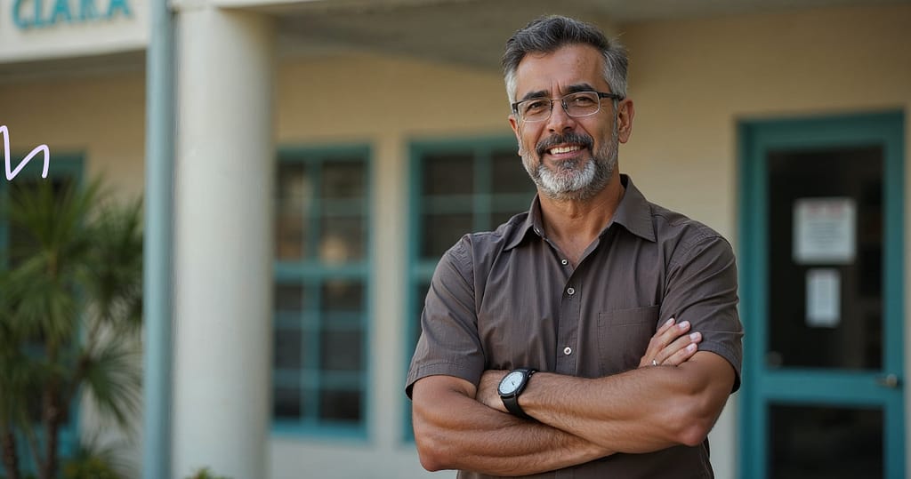 Man standing confidently with arms crossed in front of a building, representing the everyday worker supported by Salarly’s Payroll-Linked Loans.