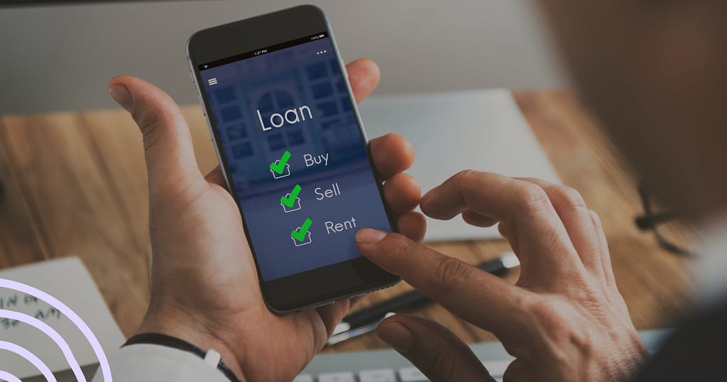 A person using a mobile app to explore loan options with checkmarks for buy, sell, and rent—illustrating the convenience and accessibility of payroll deduction loans through digital platforms.
