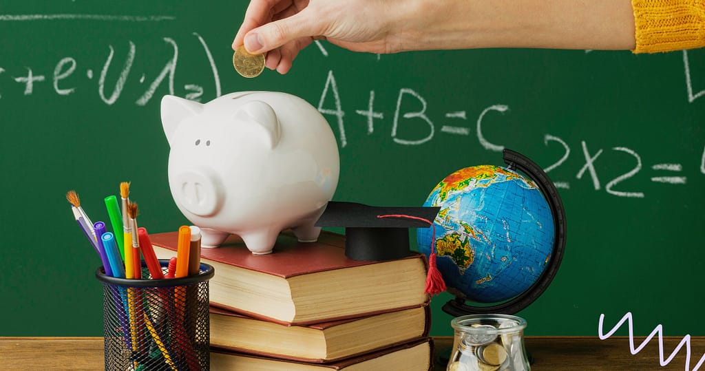 : Piggy bank on top of books beside school supplies, symbolizing fair loans for educators and financial support for teachers in a classroom setting.