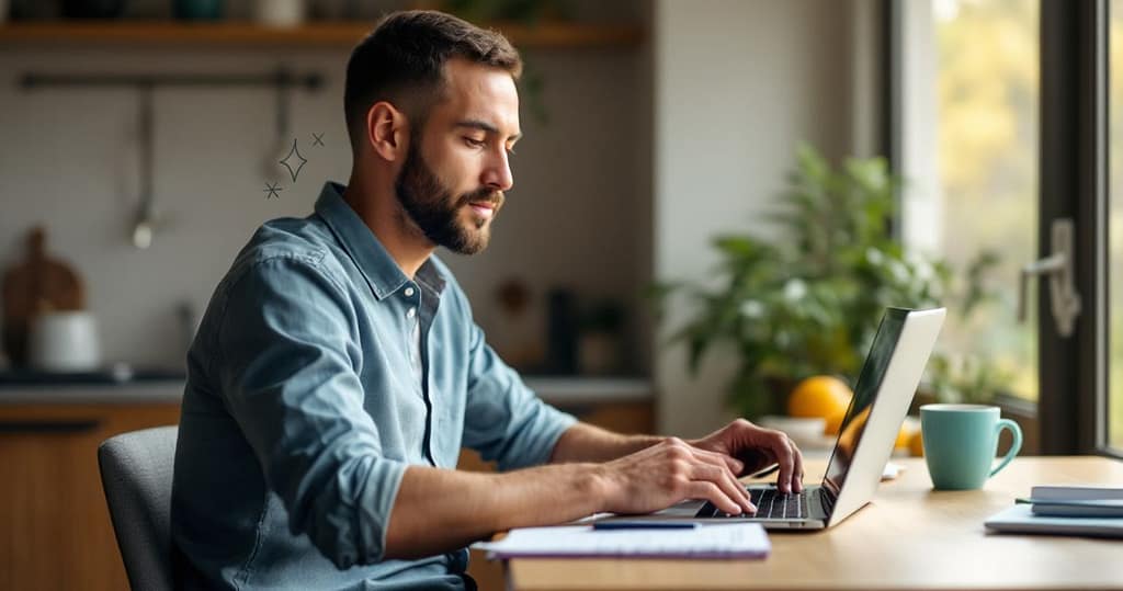 A man reviewing his repayment plan on a laptop in a bright, naturally lit home workspace, representing clarity and confidence in managing predictable payments.