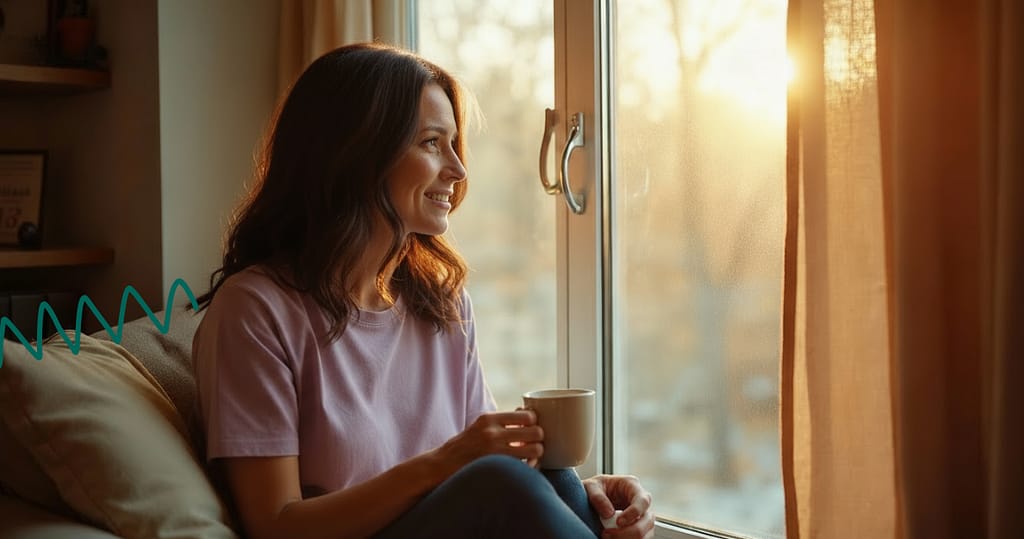 black friday budget: Everyday woman sitting by a window in warm daylight, holding a mug and reflecting calmly, representing financial planning, having a black Friday budget and balance before the holidays.