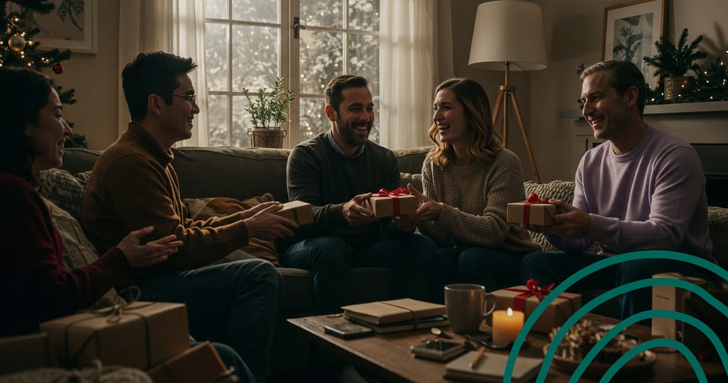Diverse group of people enjoying the holidays together, smiling while exchanging gifts, symbolizing balance and financial confidence without holiday financial stress