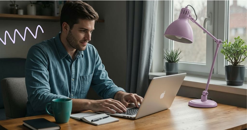 A man reviewing his financial goals on a laptop in a bright, cozy home workspace, symbolizing clarity and confidence in setting financial goals successfully.