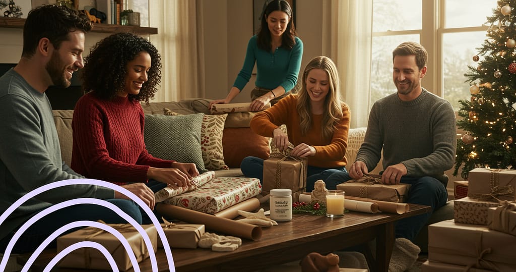 A diverse group of people wrapping gifts and decorating a cozy living room together, symbolizing balance, financial wellness and mindfulness during the holiday season.