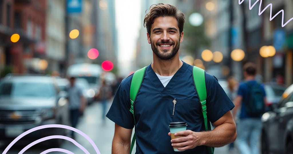 Smiling healthcare professional with a coffee cup and backpack walking in the city