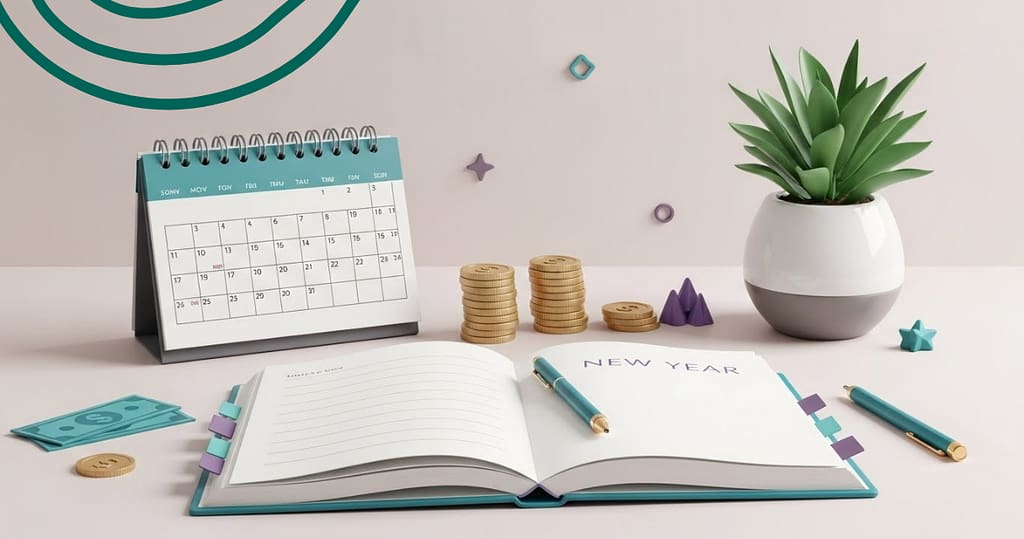 Illustration representing resetting your finances after the holidays with calm planning, growth, and clarity in the new year