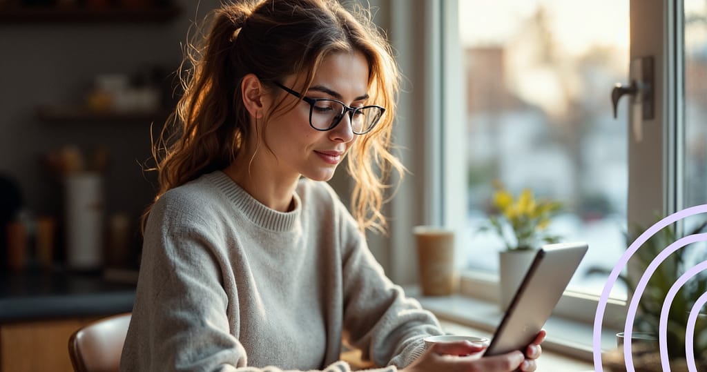 Working professional practicing financial self care while reviewing finances on a tablet