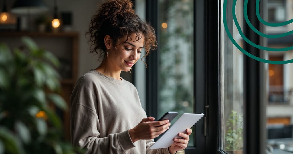 Working professional reviewing paycheck planning on a tablet in a calm, sunlit space