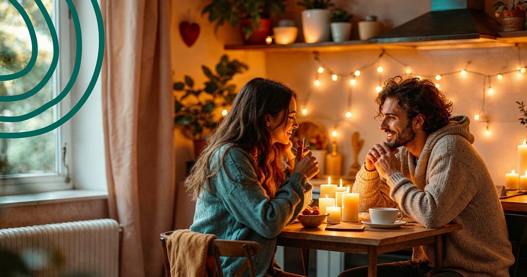 Couple enjoying a cozy Valentine’s Day dinner at home with candles and simple decor