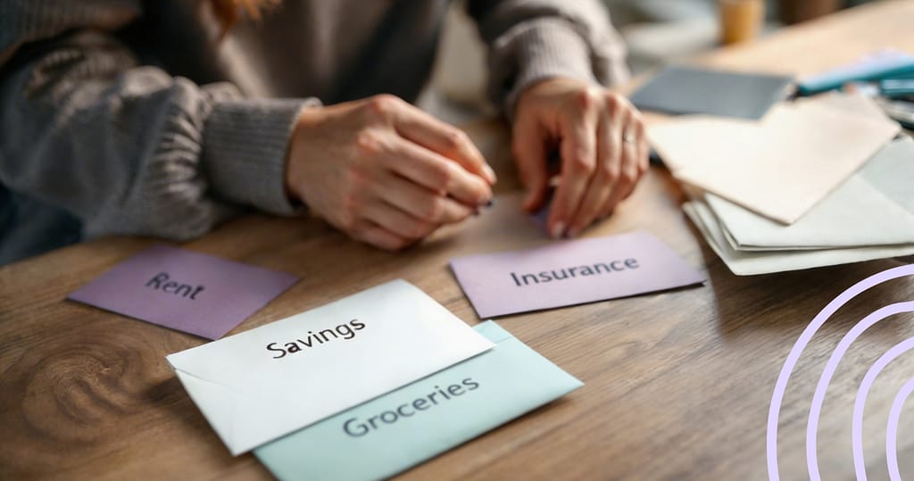 Person organizing budget envelopes labeled rent, savings, groceries, and insurance to plan paycheck spending