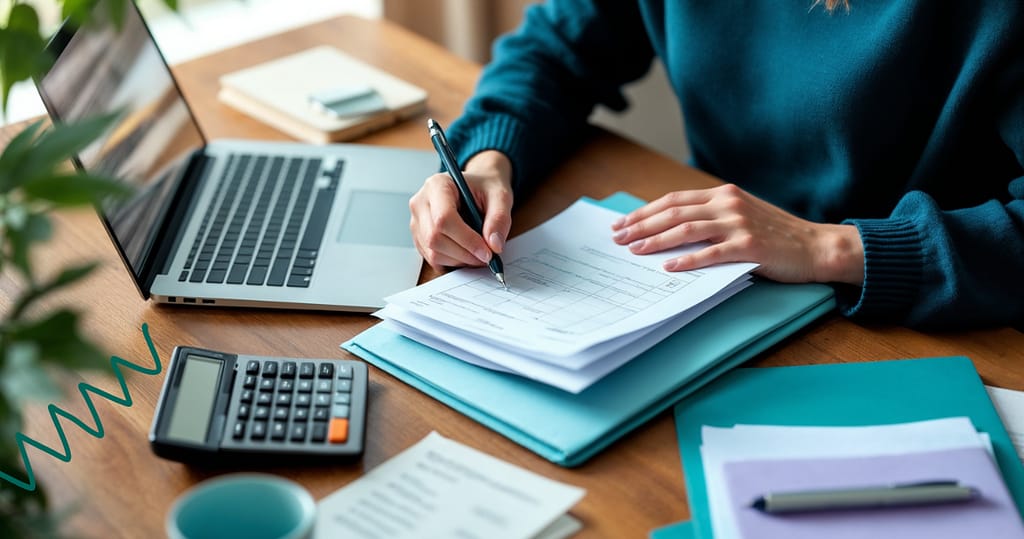 Person reviewing tax documents with calculator and laptop during organized tax preparation session