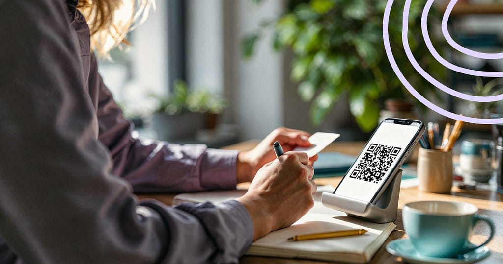 Person writing a referral note beside a phone displaying a referral code