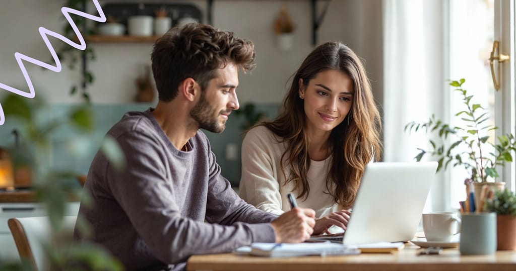 Couple calmly managing short term financial stress at home using a laptop