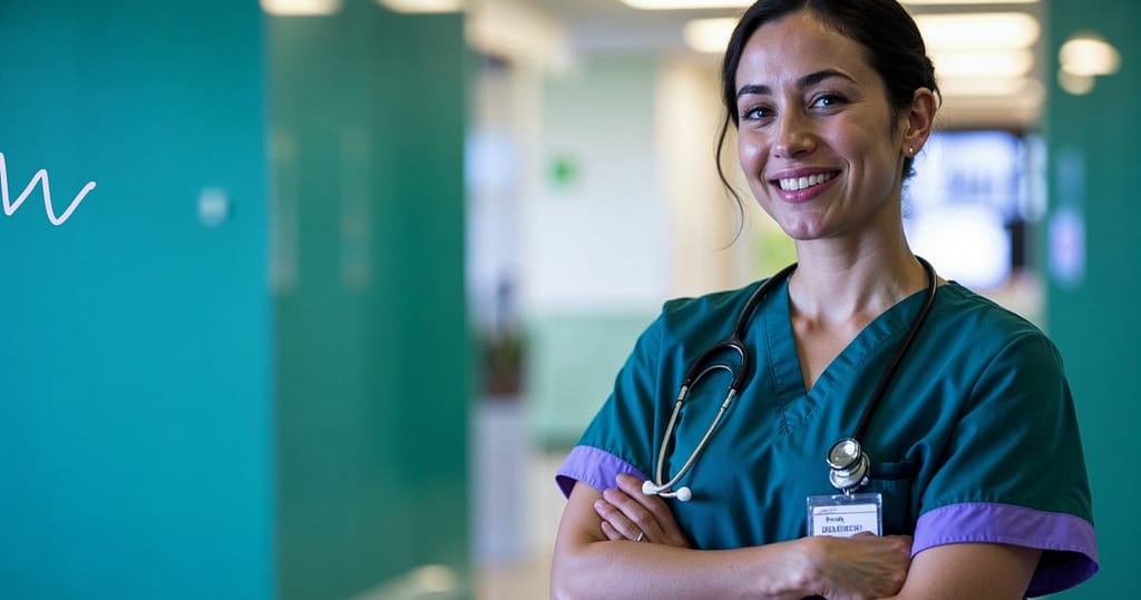 nurse in hospital hallway with a stethoscope on here neck. She is smiling at the camera with her arms crossed, to represent the nurse budgeting tips