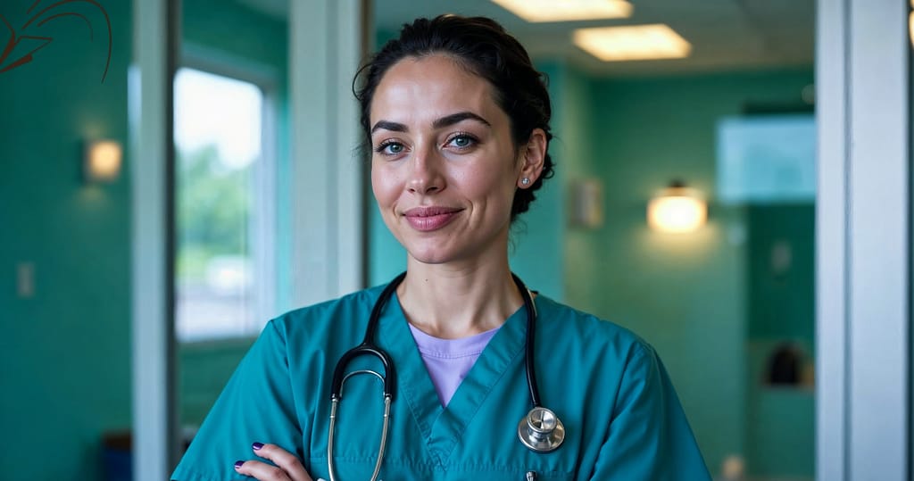 Young smiling nurse with stethoscope and arms crossed in hospital setting – retirement planning for nurses