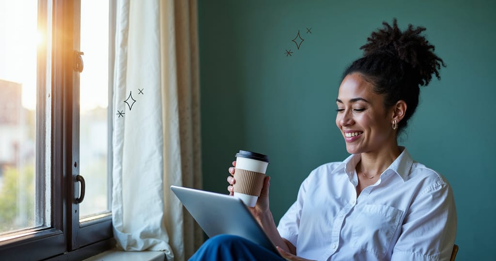 Smiling woman by a window using a tablet to upskilling and learn, representing balance and motivation at work.