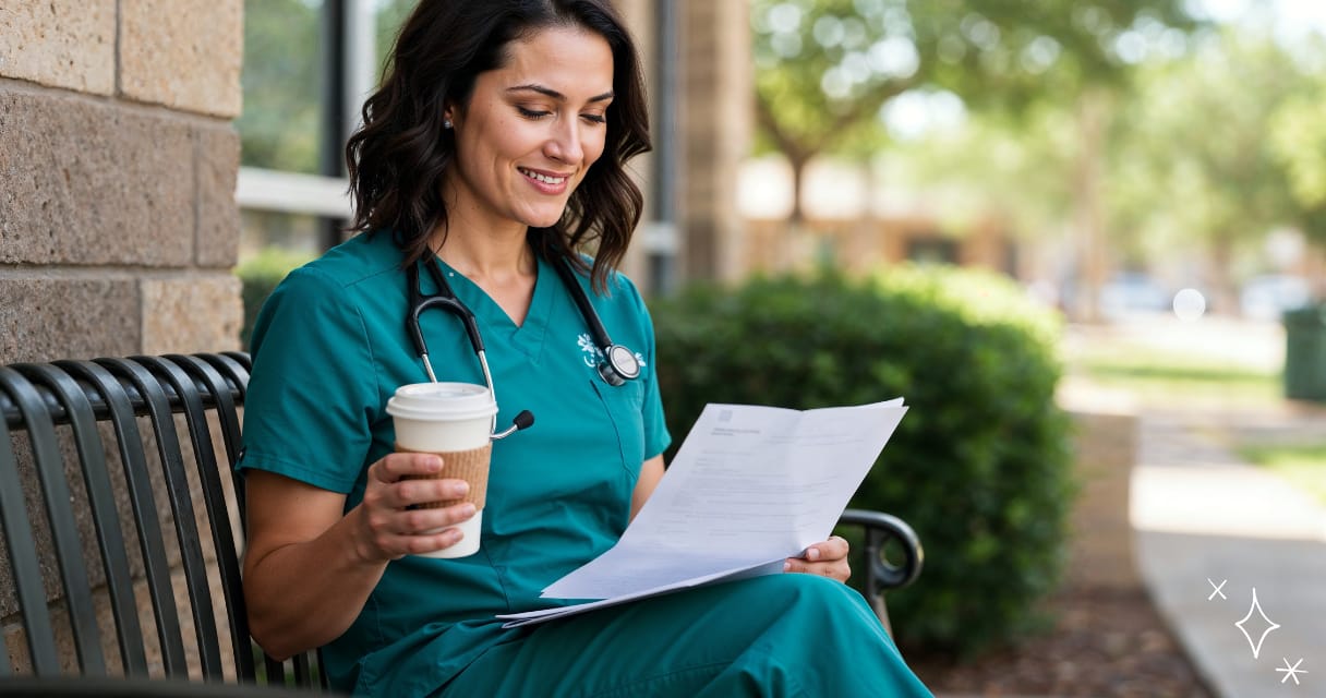 Nurse on a bench with coffee, reviewing her savings on a smartphone, building financial confidence through micro-challenges for nurses.
