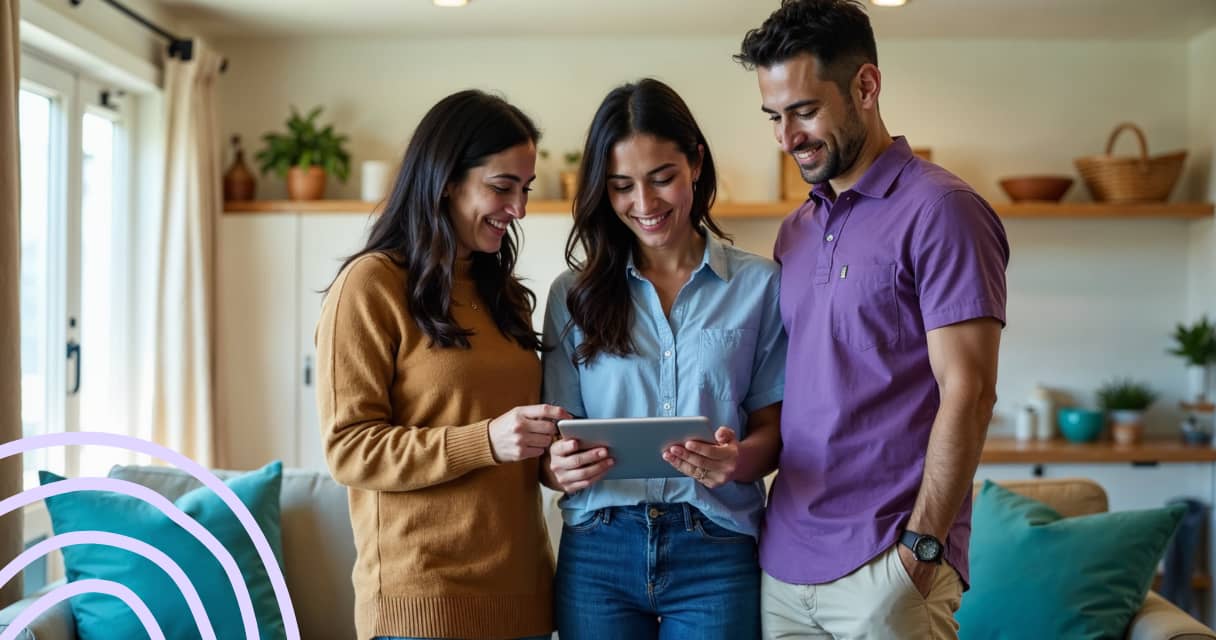 A family standing together in their living room, reviewing finances on a tablet with warm lighting, symbolizing financial confidence and a bridge towards progress.