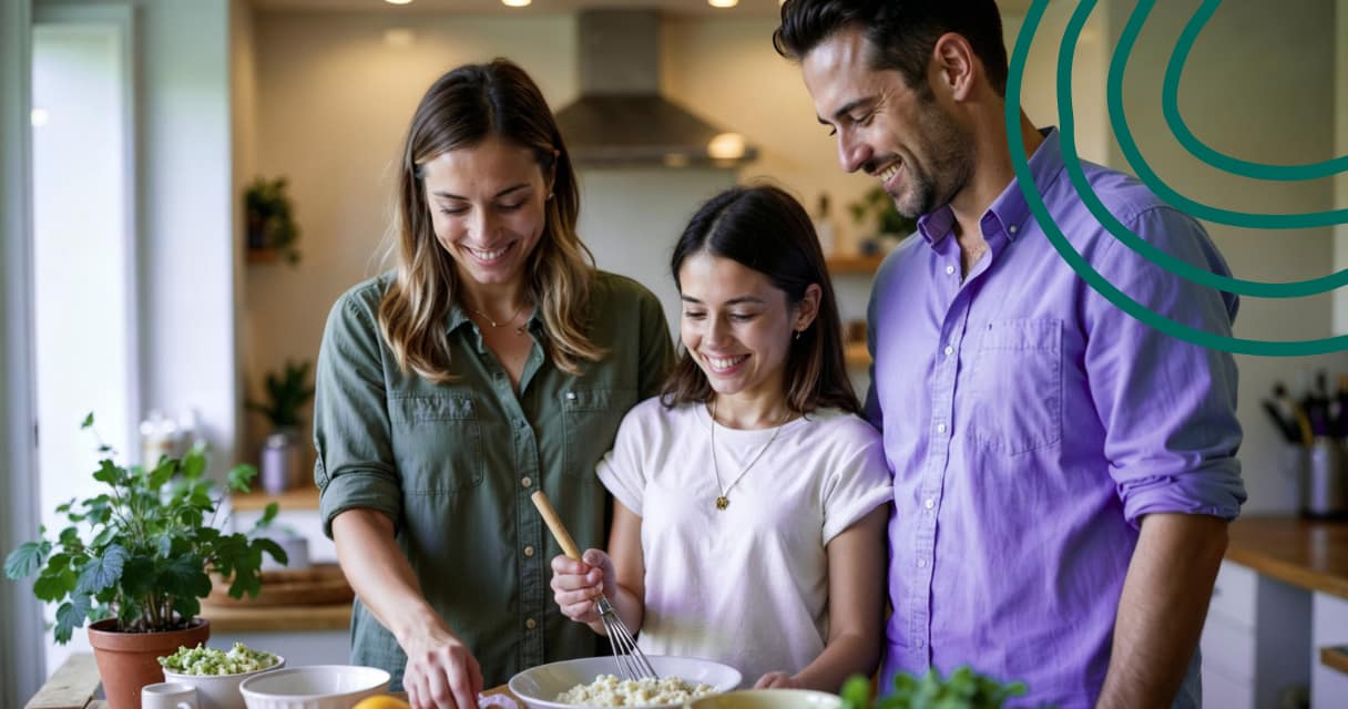 A family preparing a Thanksgiving meal together in a warm kitchen, symbolizing gratitude and mindful spending.