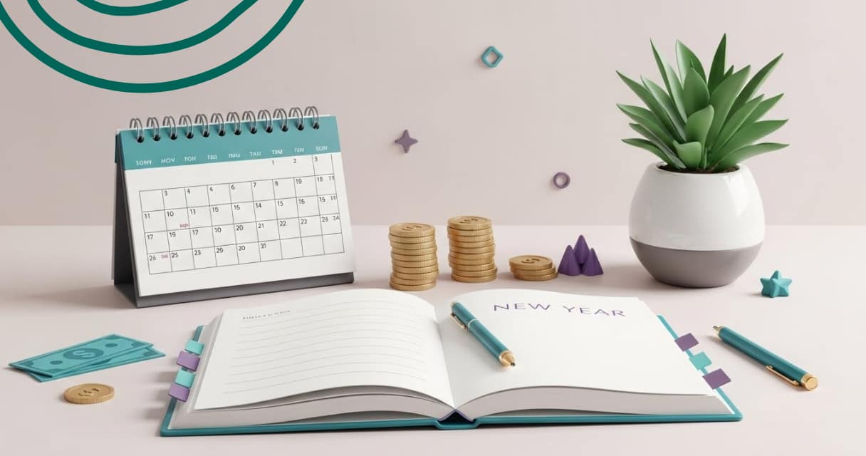 Illustration representing resetting your finances after the holidays with calm planning, growth, and clarity in the new year