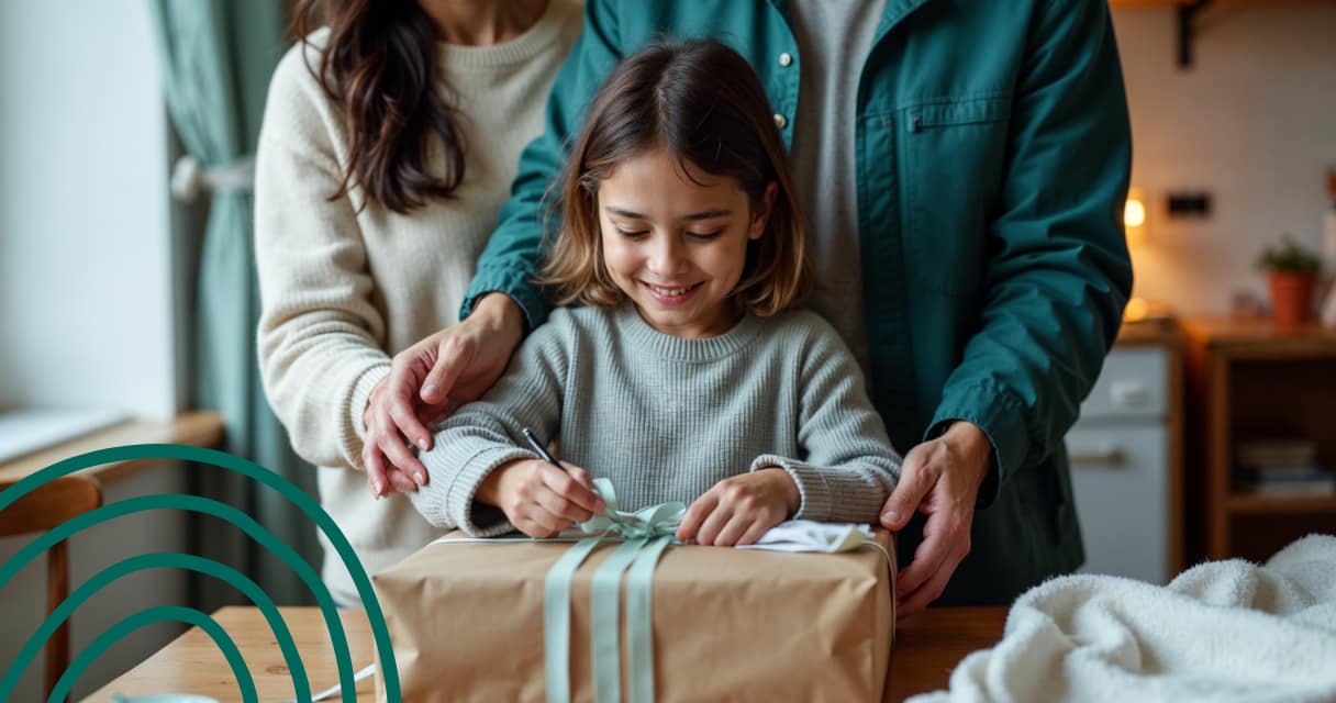Parent and child wrapping holiday gifts together as part of simple budget planning tips.