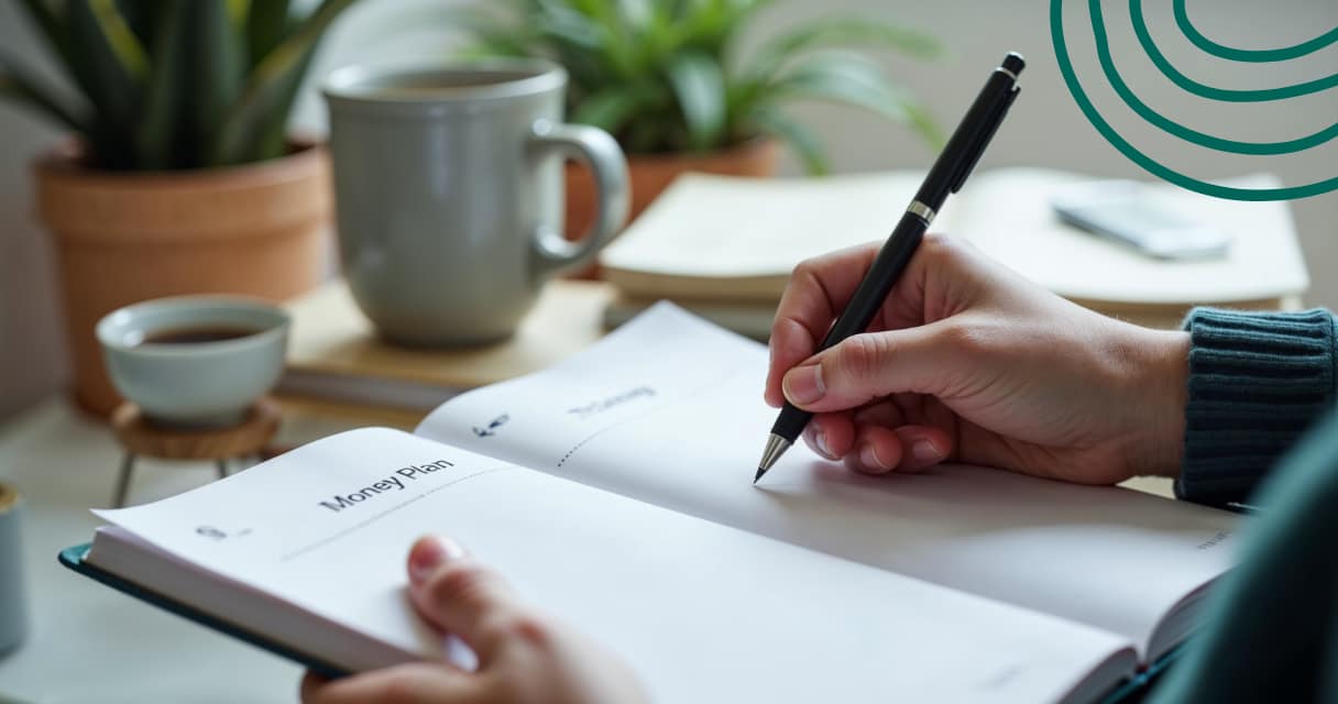 Professional writing a money plan in a notebook, symbolizing financial strategy and confidence building.