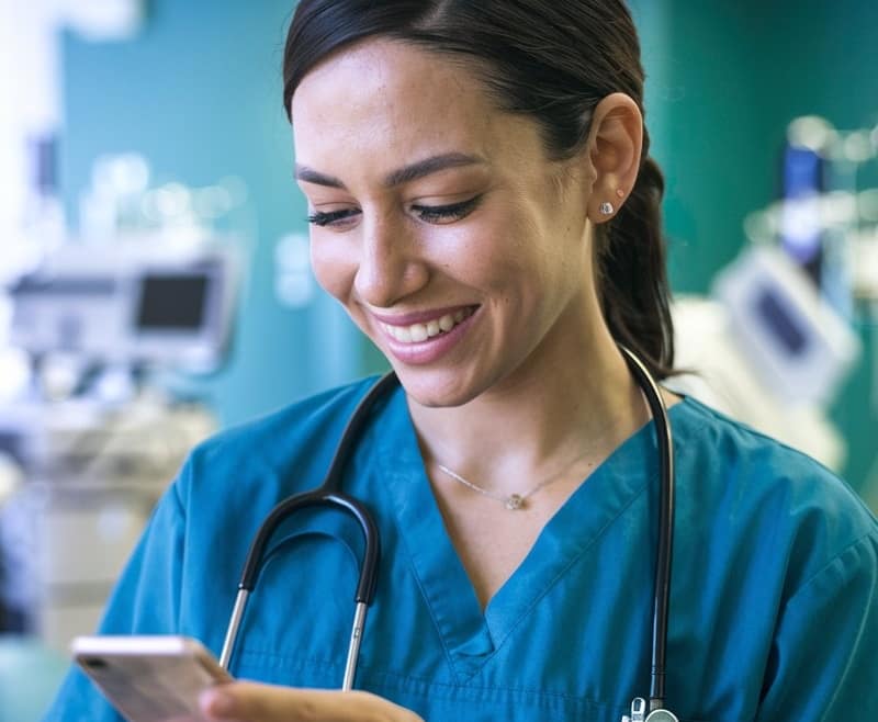 nurse smiling at her phone, looking at salarly's financial tips for nurses