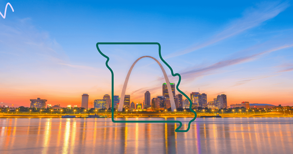 St. Louis skyline at sunset with the Gateway Arch and Missouri state outline