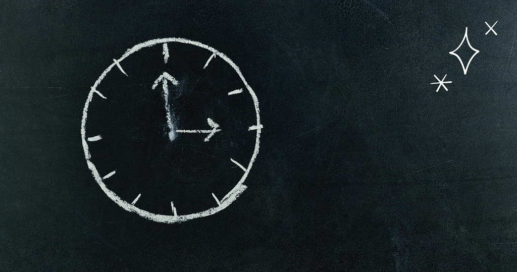 A chalk-drawn clock with simple hour and minute hands displayed on a dark chalkboard background, accompanied by small star-like sparkles in the top right corner, symbolizing time management and clarity to design your budget