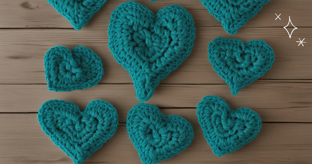 A collection of teal crochet hearts arranged on a wooden surface, symbolizing self-love and financial wellness.