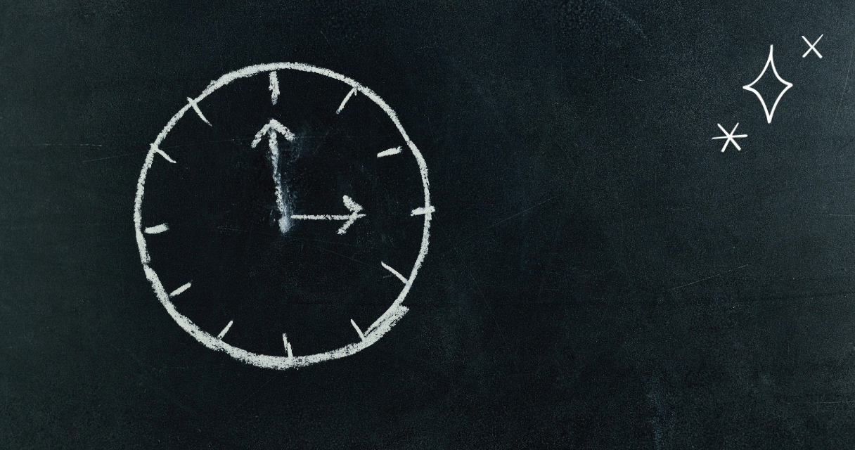 A chalk-drawn clock with simple hour and minute hands displayed on a dark chalkboard background, accompanied by small star-like sparkles in the top right corner, symbolizing time management and clarity to design your budget